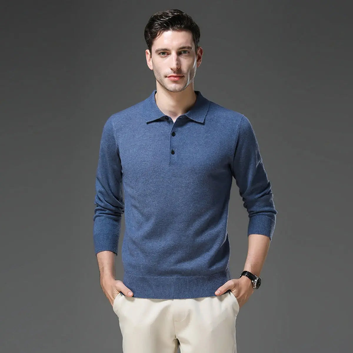 Henry | Men's Cashmere Polo Knit Sweater Long Sleeve Button Collar Jumper