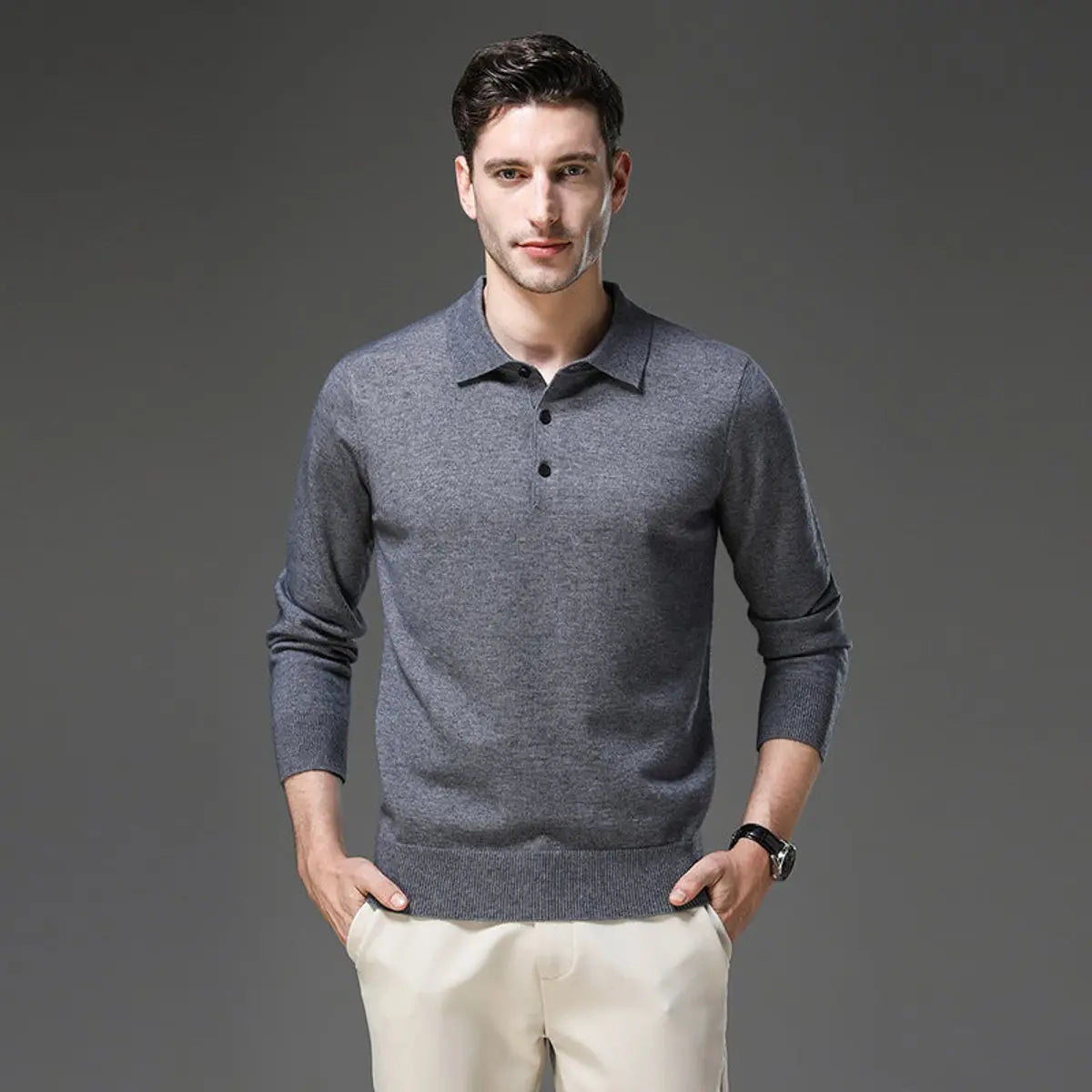 Henry | Men's Cashmere Polo Knit Sweater Long Sleeve Button Collar Jumper